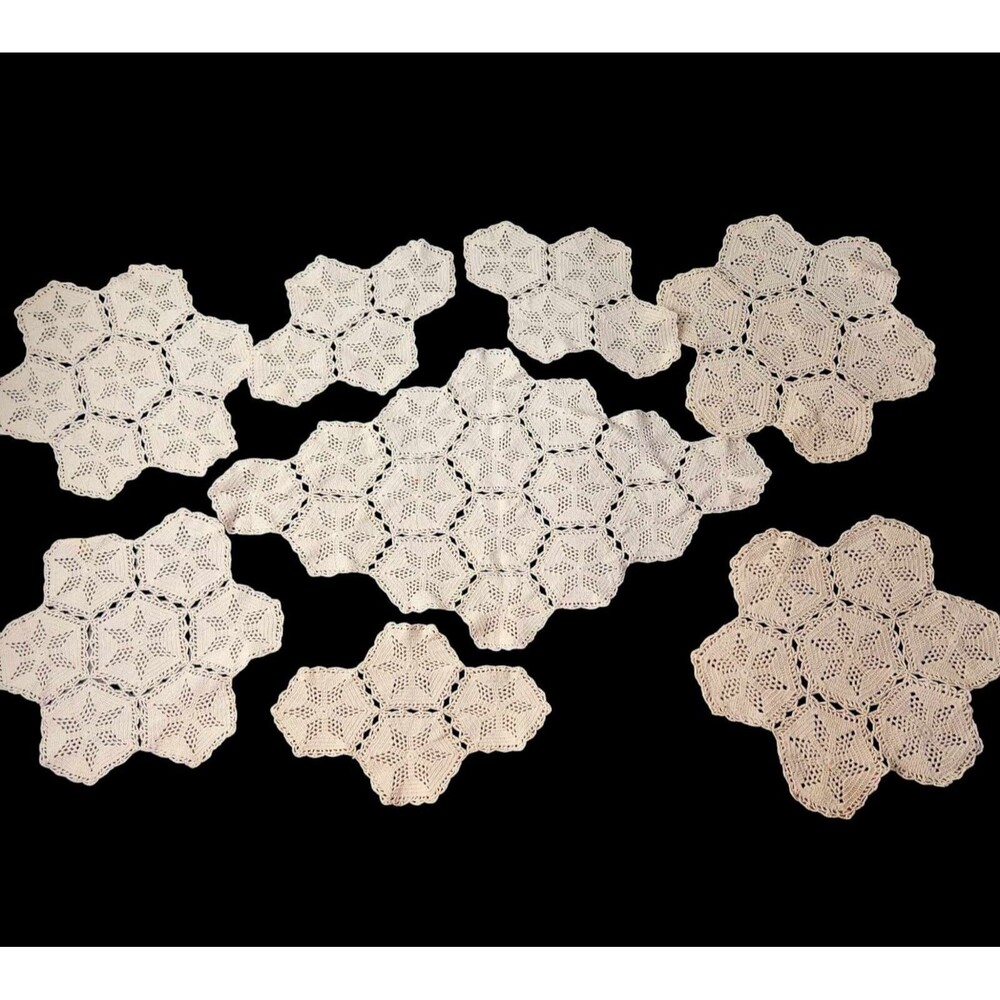 Set of 8 Vtg Hand Crocheted Table Doilies Linens Cream Hex Star Cottage Core